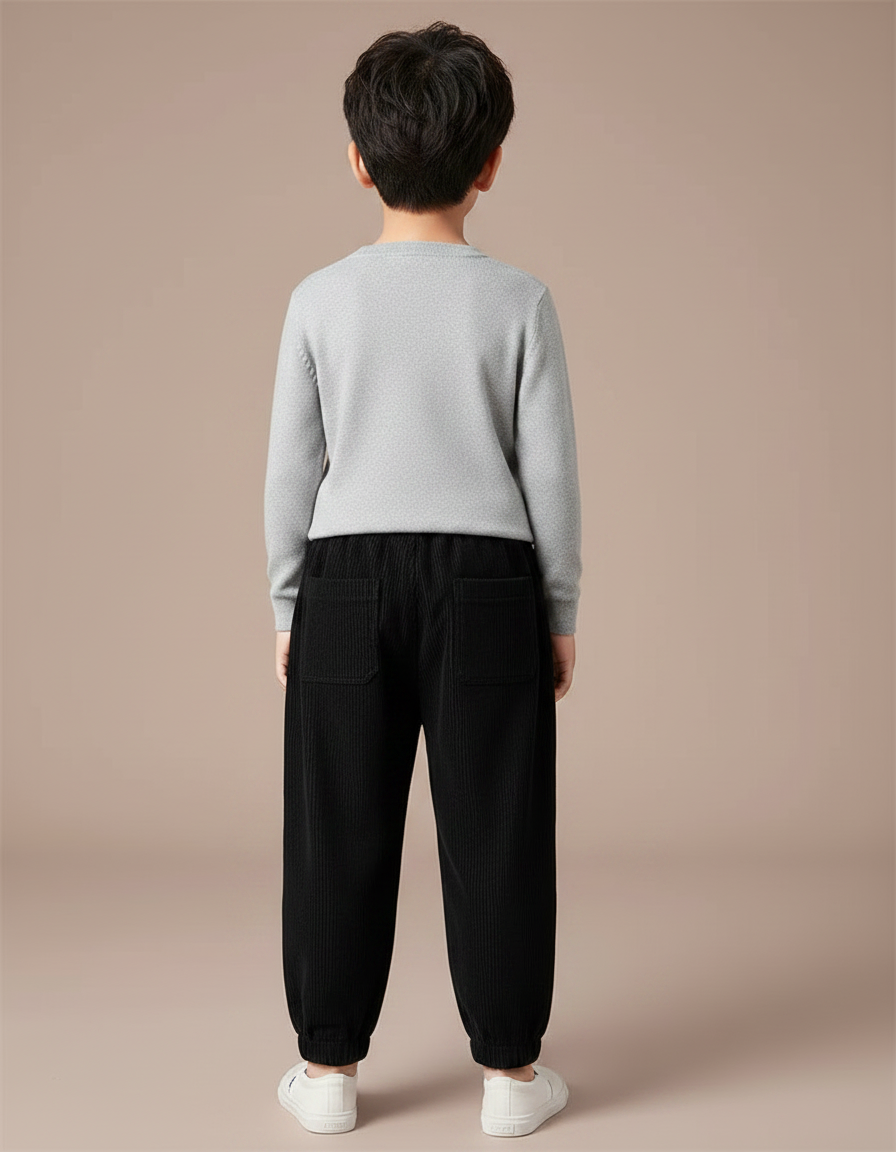 Pantalon Velours Noir Côtelé Ample Élastiqué Enfant - Cordé - vue 2