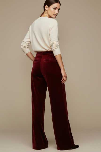 Pantalon Velours Bordeaux Large Élégant Femme Fluide - vue 2