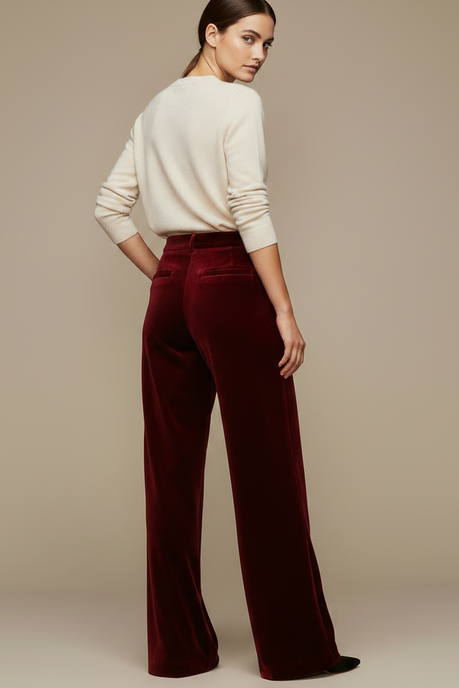 Pantalon Velours Bordeaux Large Élégant Femme Fluide - vue 2