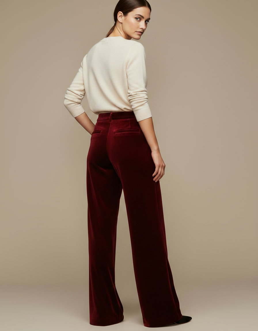 Pantalon Velours Bordeaux Large Élégant Femme Fluide - vue 2