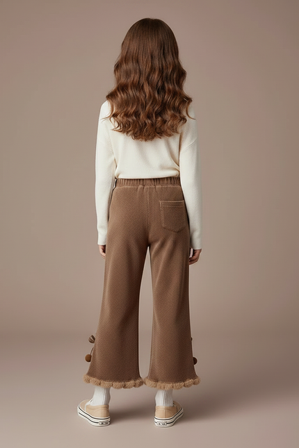 Pantalon Velours Marron Évasé Pompons Fille Hiver - vue 2