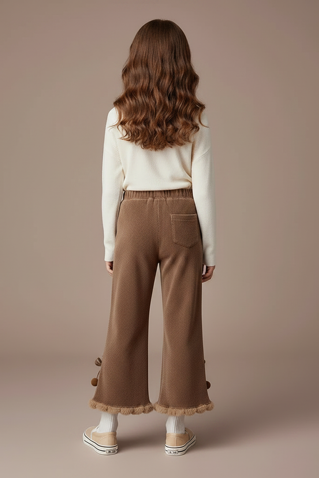 Pantalon Velours Marron Évasé Pompons Fille Hiver - vue 2