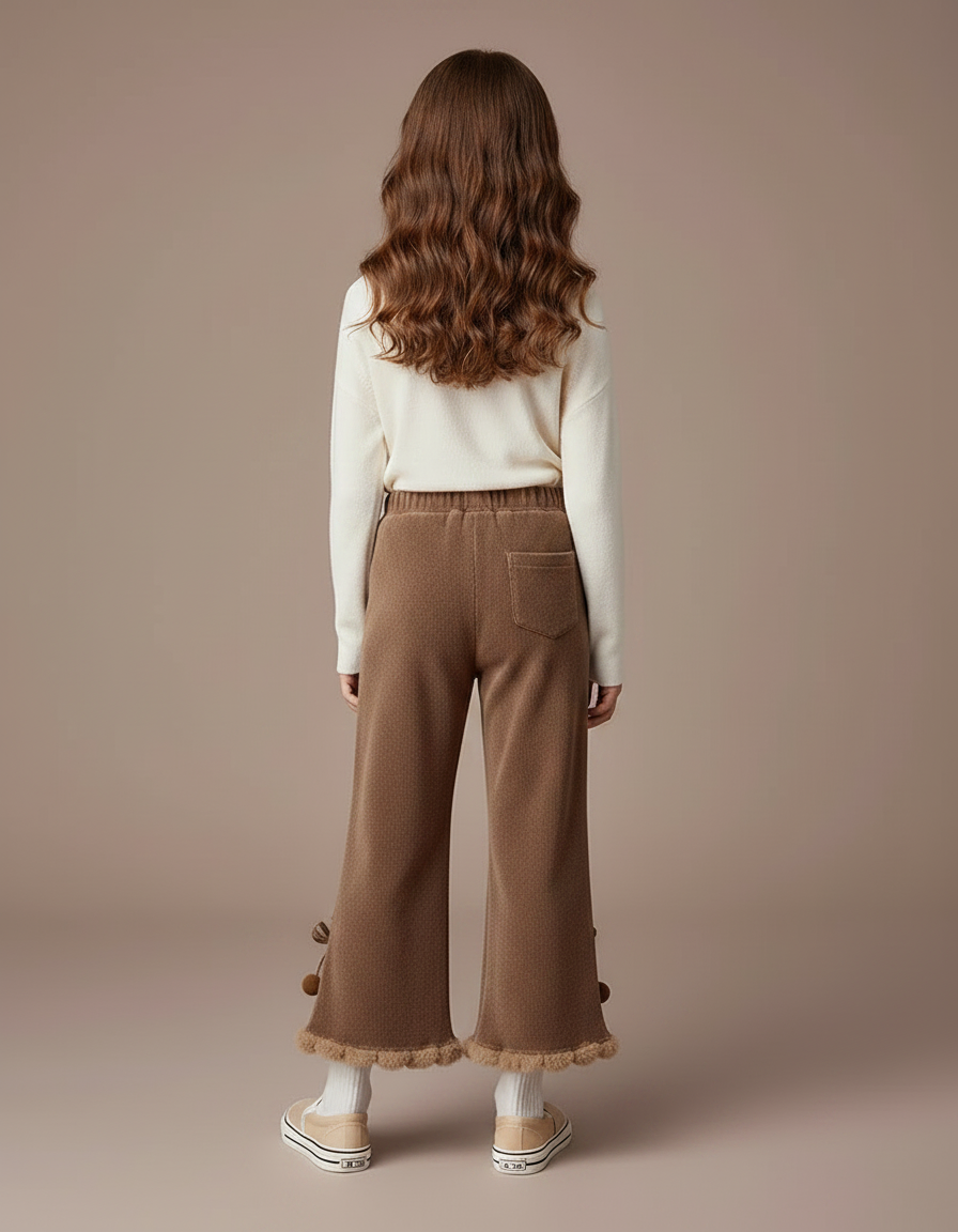 Pantalon Velours Marron Évasé Pompons Fille Hiver - vue 2