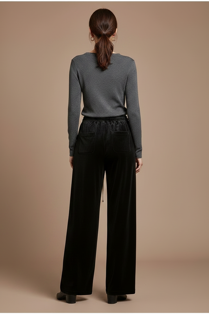 Pantalon Velours Noir Ample Taille Haute Décontracté - vue 2