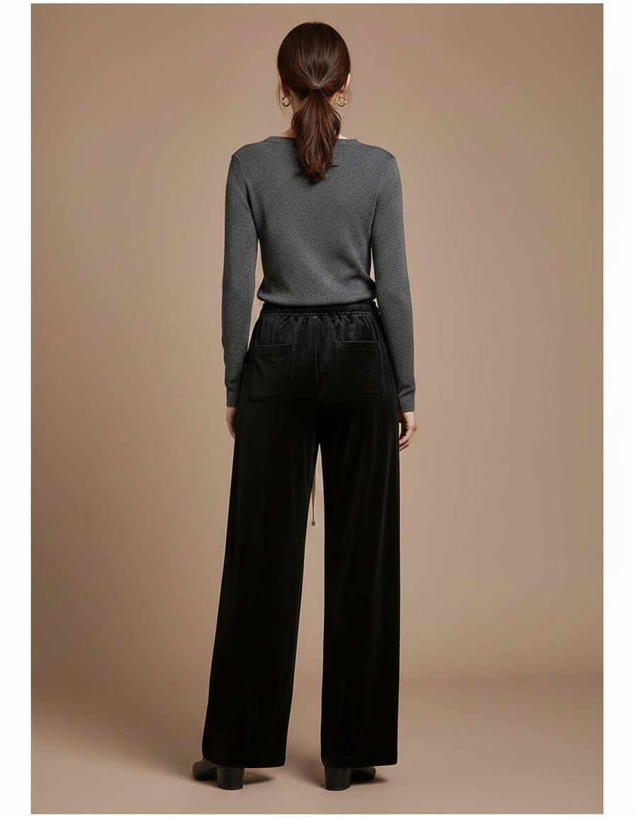 Pantalon Velours Noir Ample Taille Haute Décontracté - vue 2