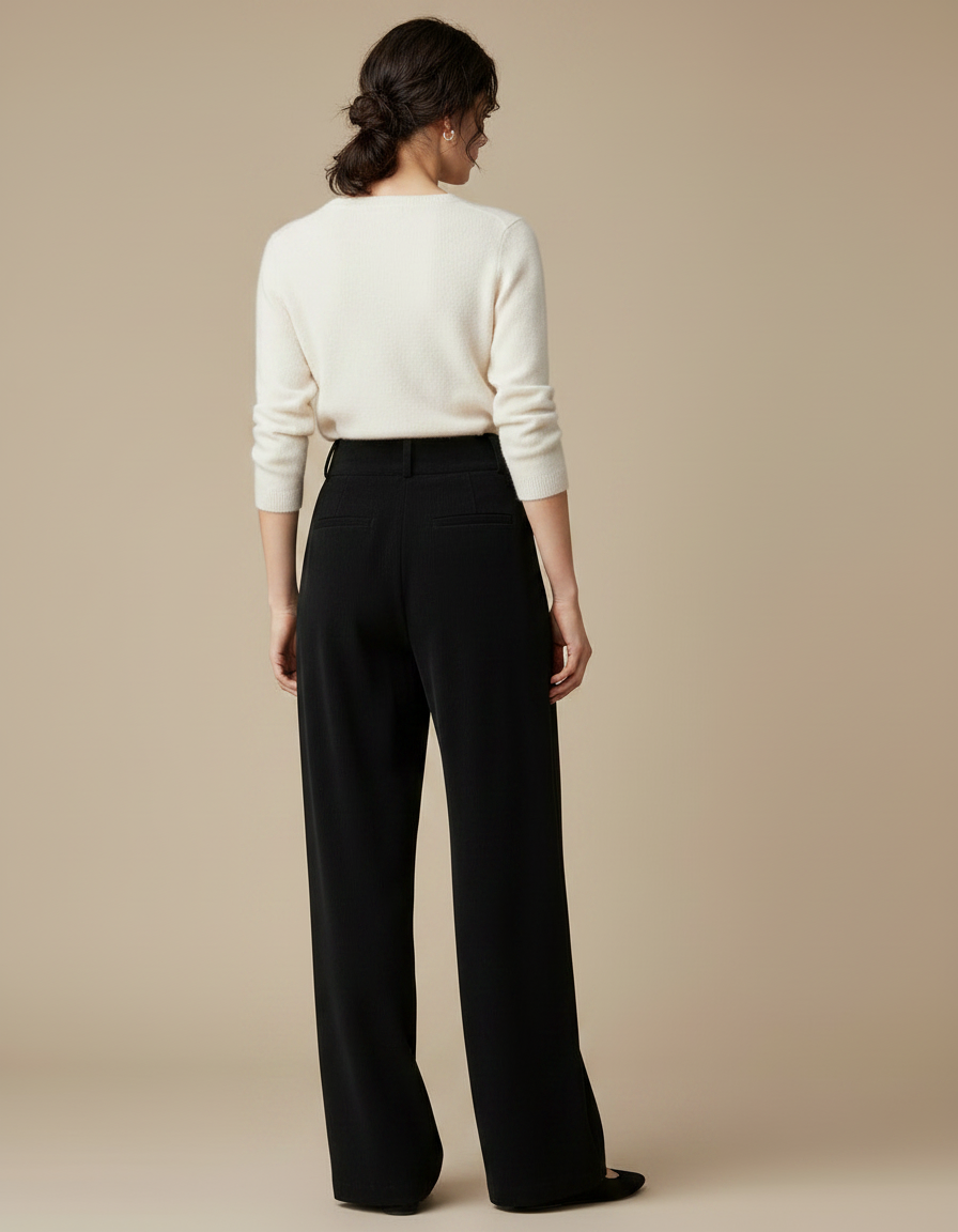 Pantalon Velours Noir Ample Taille Haute Plissé Femme - vue 2
