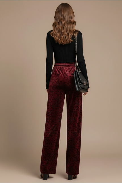 Pantalon Velours Léopard Rouge Ample Taille Haute Femme - Bordeaux - vue 2