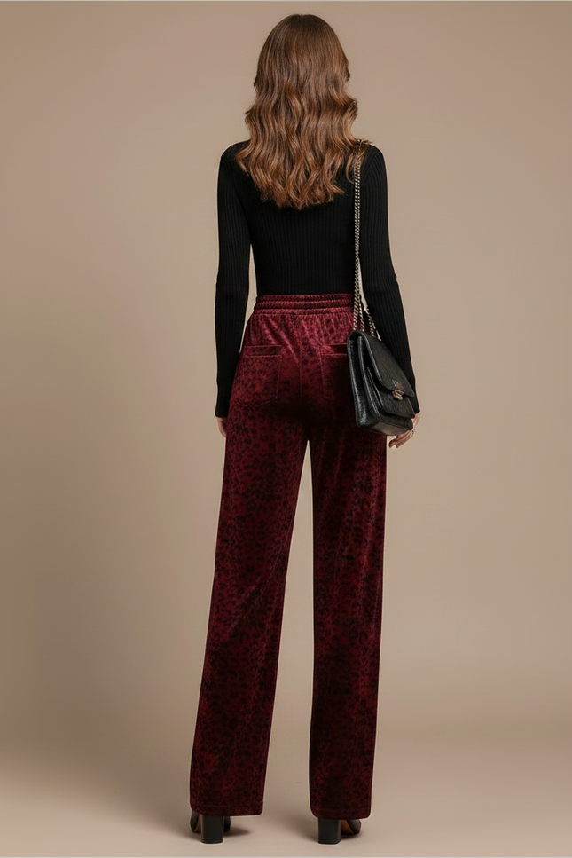 Pantalon Velours Léopard Rouge Ample Taille Haute Femme - Bordeaux - vue 2