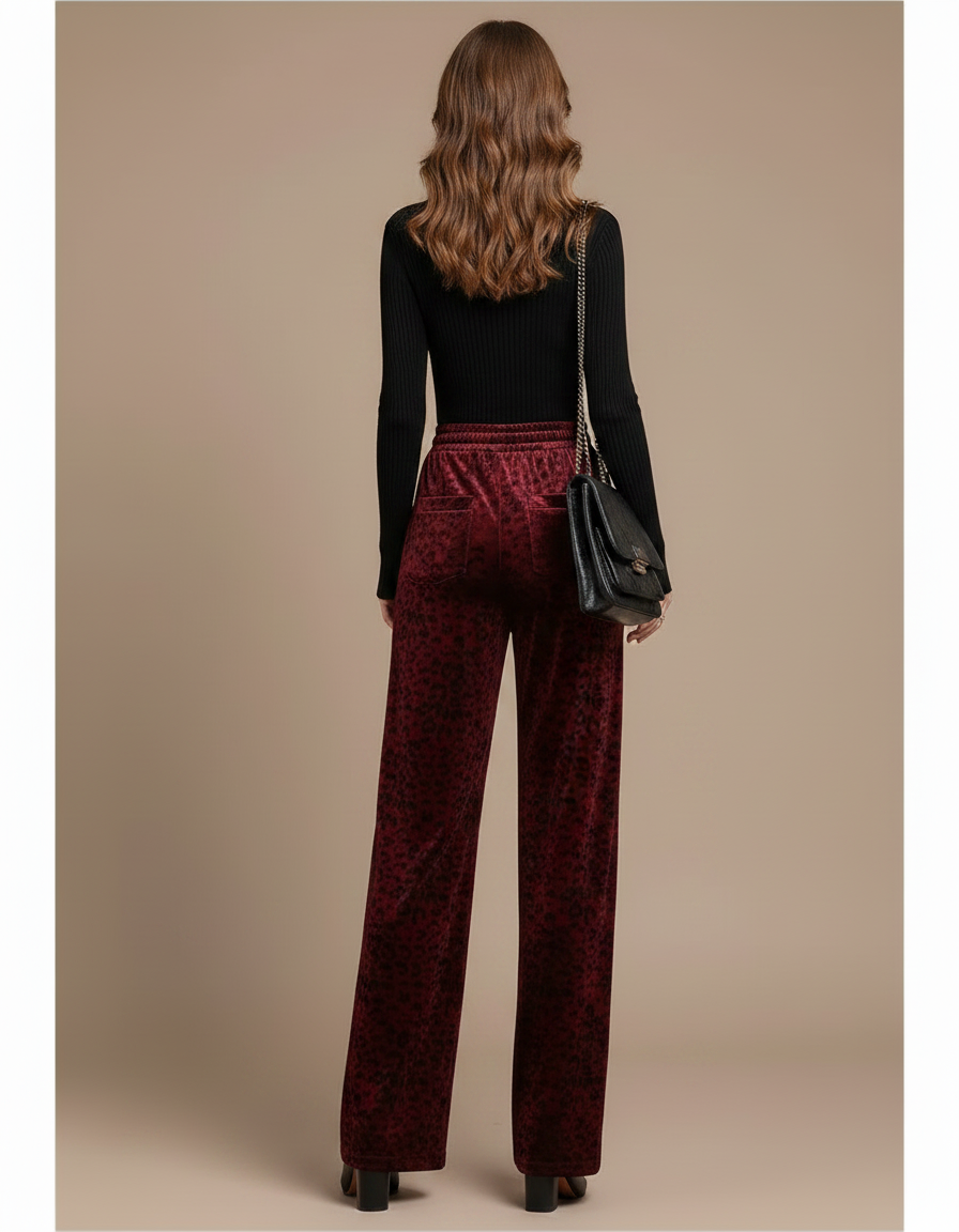 Pantalon Velours Léopard Rouge Ample Taille Haute Femme - Bordeaux - vue 2