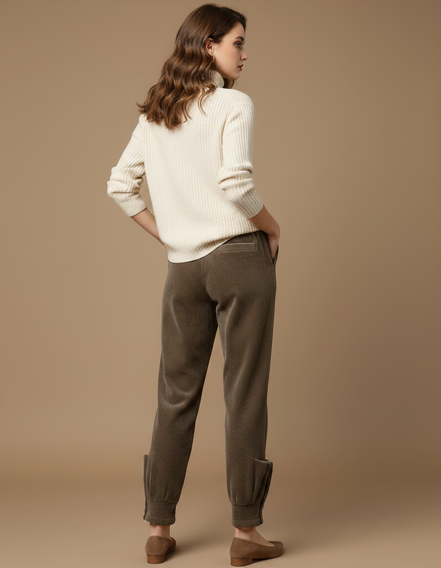 Pantalon Velours Côtelé Harem Élastique Boutons Marron - Cordé - vue 2