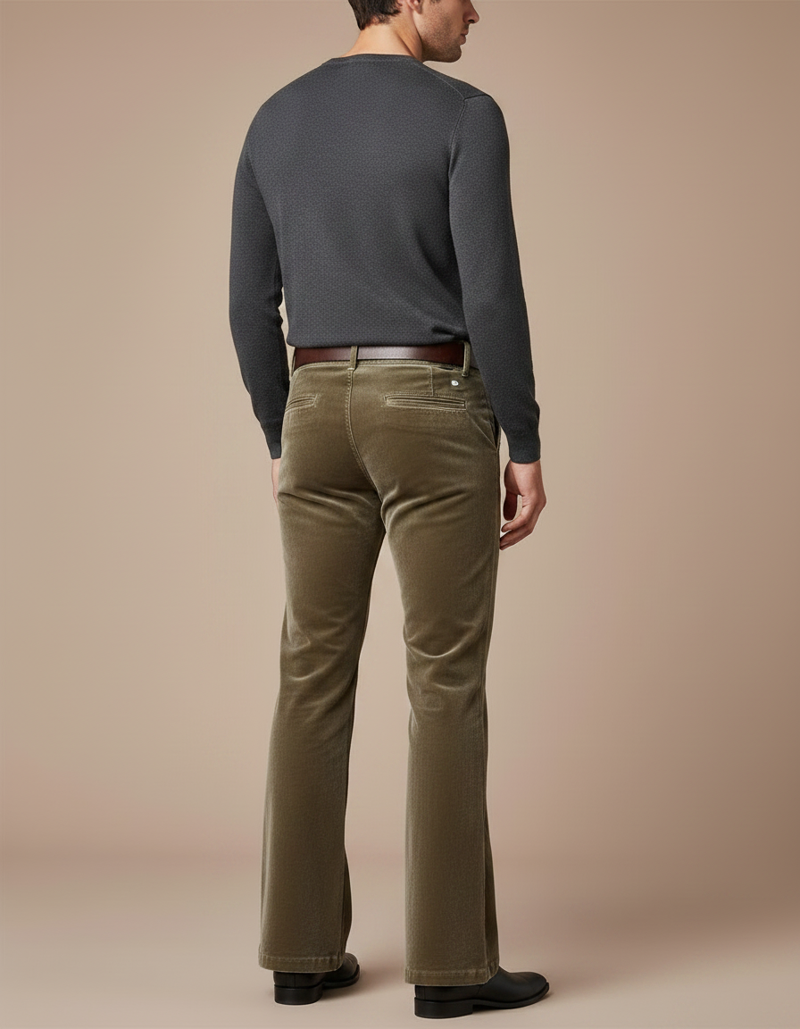Pantalon Velours Homme Évasé Vert Classique Élégant - Kaki Cordé - vue 2