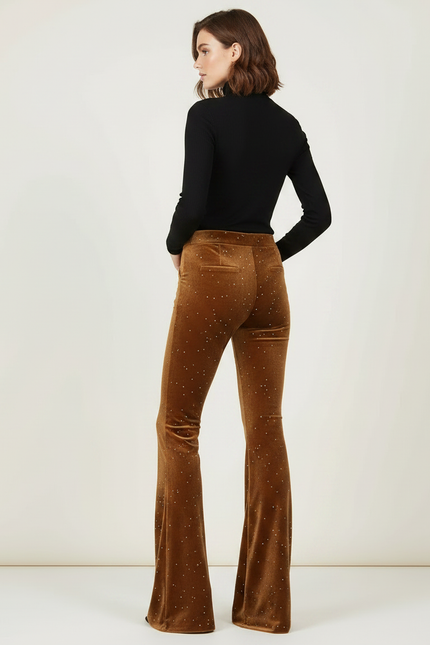 Pantalon Velours Marron Évasé Strass Taille Haute Femme - Camel - vue 2