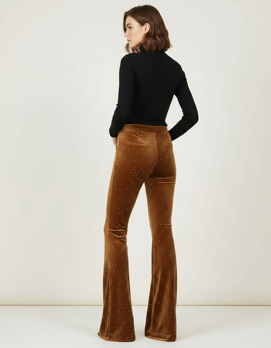 Pantalon Velours Marron Évasé Strass Taille Haute Femme - Camel - vue 2