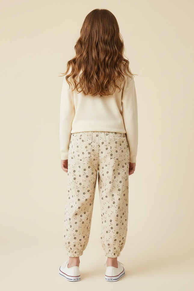 Pantalon Velours Côtelé Écru Imprimé Fleuri Ample Fille - Beige Cordé - vue 2