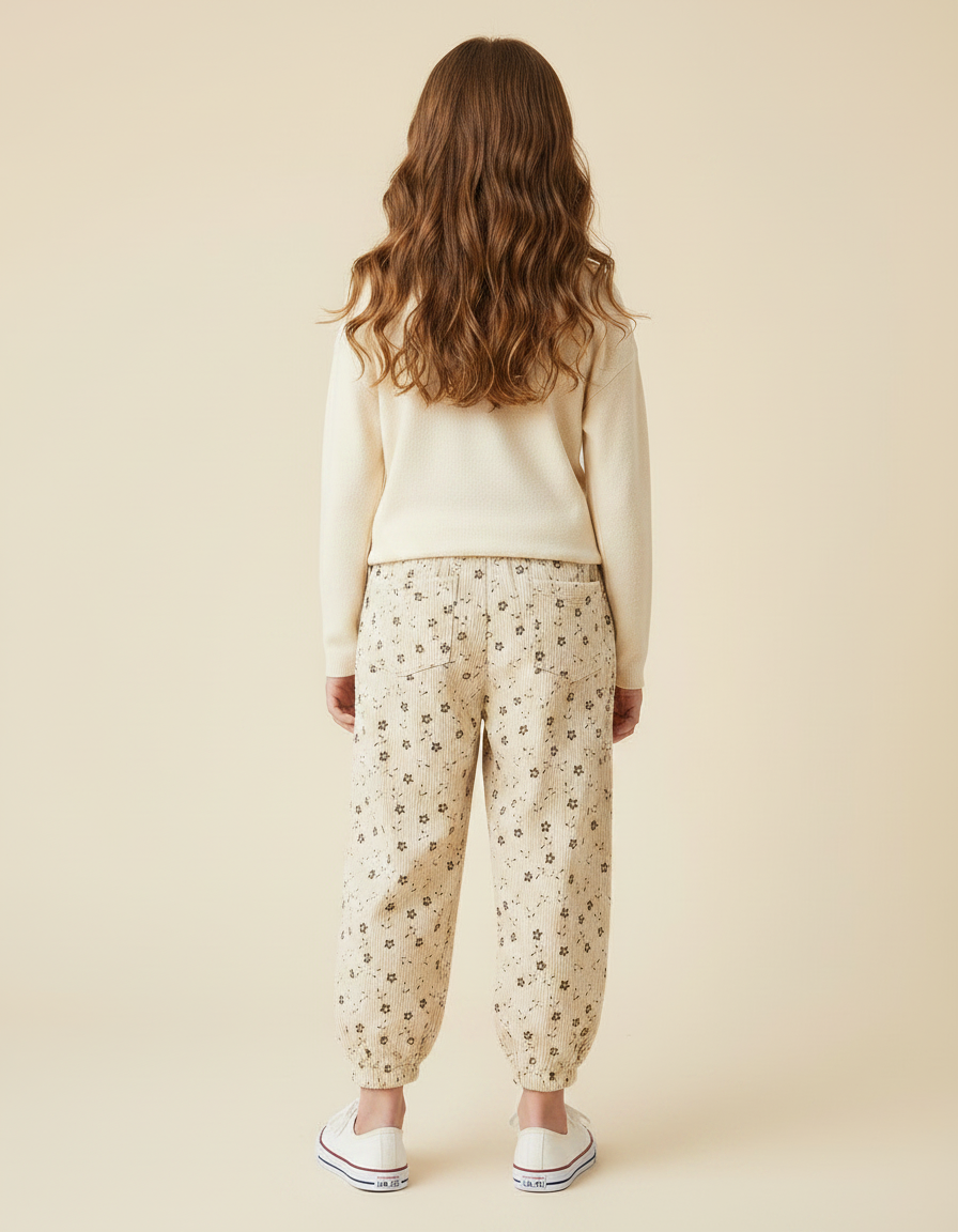 Pantalon Velours Côtelé Écru Imprimé Fleuri Ample Fille - Beige Cordé - vue 2