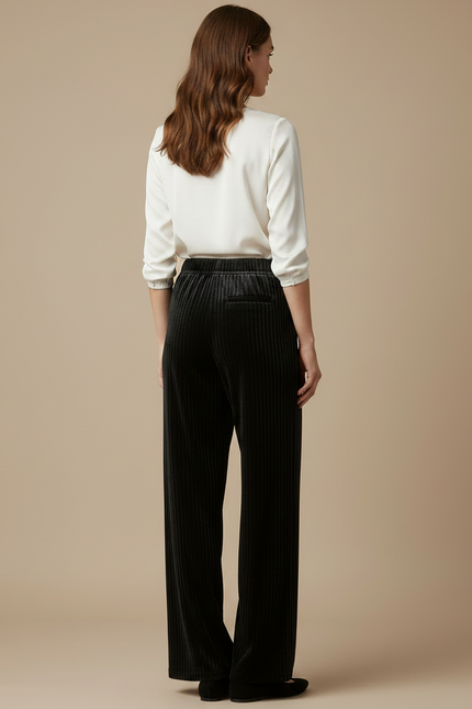 Pantalon Velours Noir Côtelé Ample Femme Élégant - vue 2