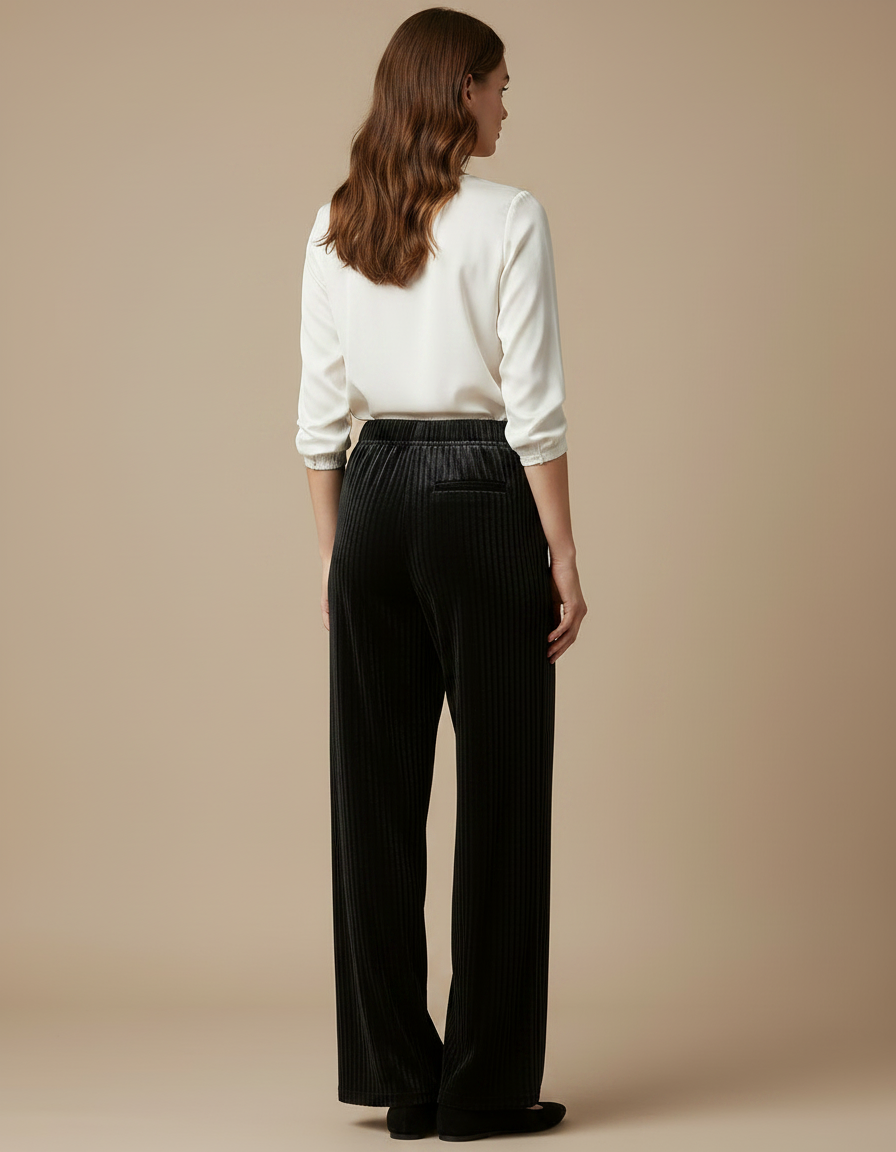 Pantalon Velours Noir Côtelé Ample Femme Élégant - vue 2