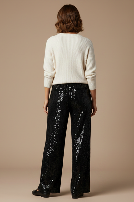 Pantalon Velours Noir Pailleté Ample Élastique Femme - vue 2