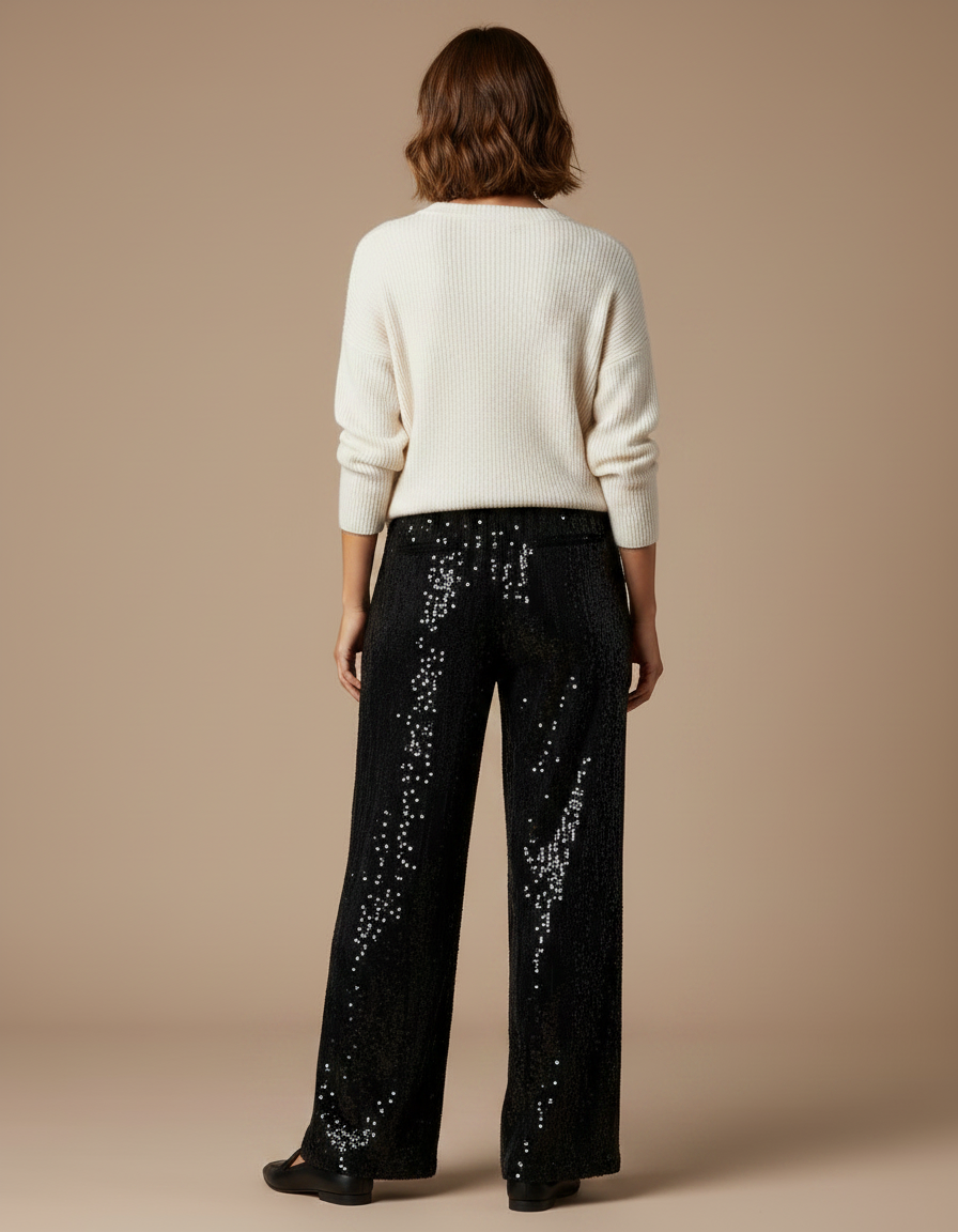 Pantalon Velours Noir Pailleté Ample Élastique Femme - vue 2