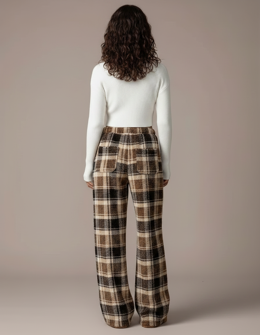 Pantalon Velours Carreaux Marron Ample Doux Femme - Molleton - vue 2