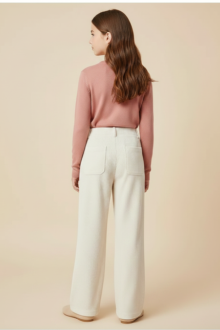 Pantalon Velours Écru Côtelé Ample Fille Décontracté Hiver - Beige Cordé - vue 2