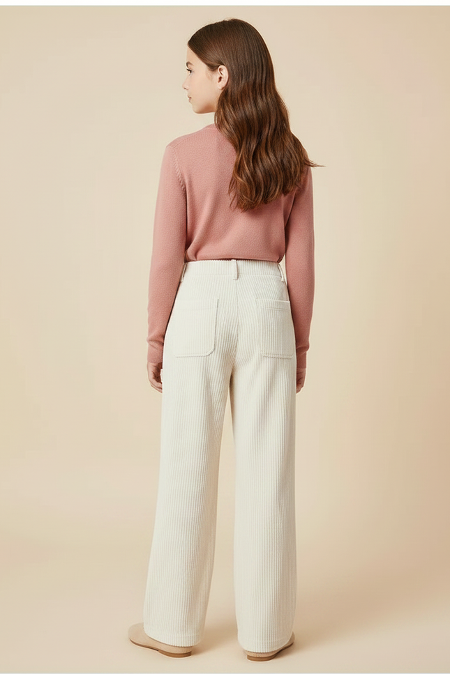 Pantalon Velours Écru Côtelé Ample Fille Décontracté Hiver - Beige Cordé - vue 2