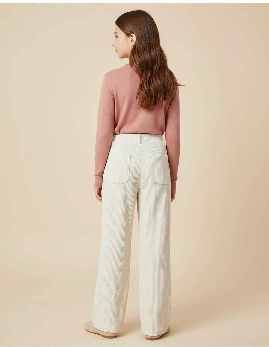 Pantalon Velours Écru Côtelé Ample Fille Décontracté Hiver - Beige Cordé - vue 2