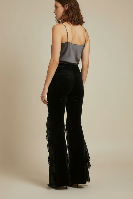 Pantalon Velours Noir Évasé Broderie Dentelle Femme - vue 2