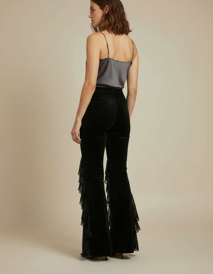 Pantalon Velours Noir Évasé Broderie Dentelle Femme - vue 2