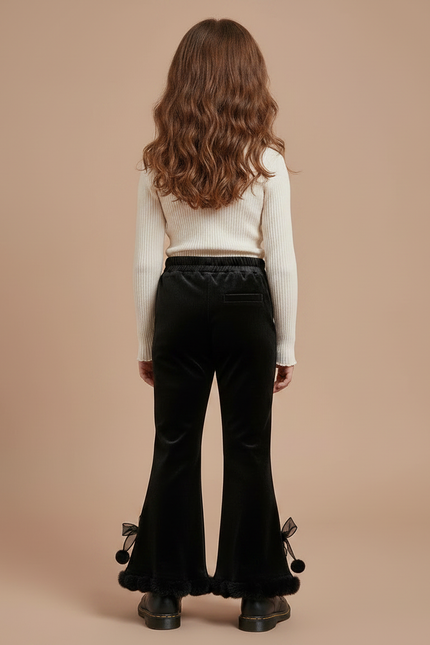 Pantalon Velours Noir Évasé Pompons Fille - vue 2
