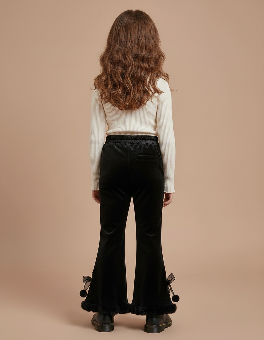 Pantalon Velours Noir Évasé Pompons Fille - vue 2