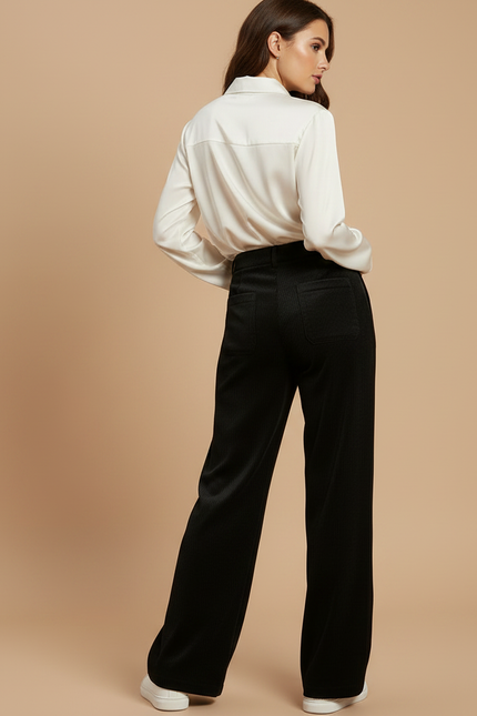 Pantalon Velours Noir Côtelé Ample Taille Haute Décontracté - vue 2