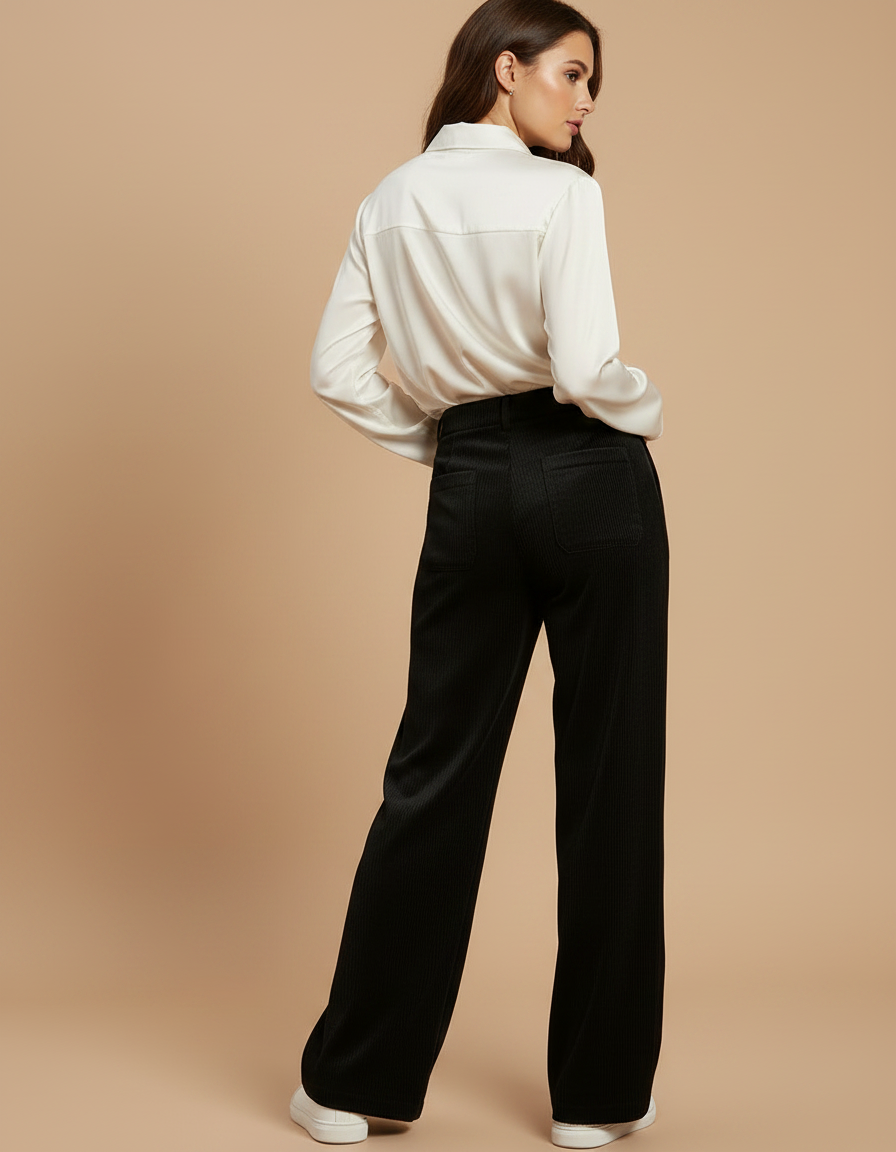 Pantalon Velours Noir Côtelé Ample Taille Haute Décontracté - vue 2