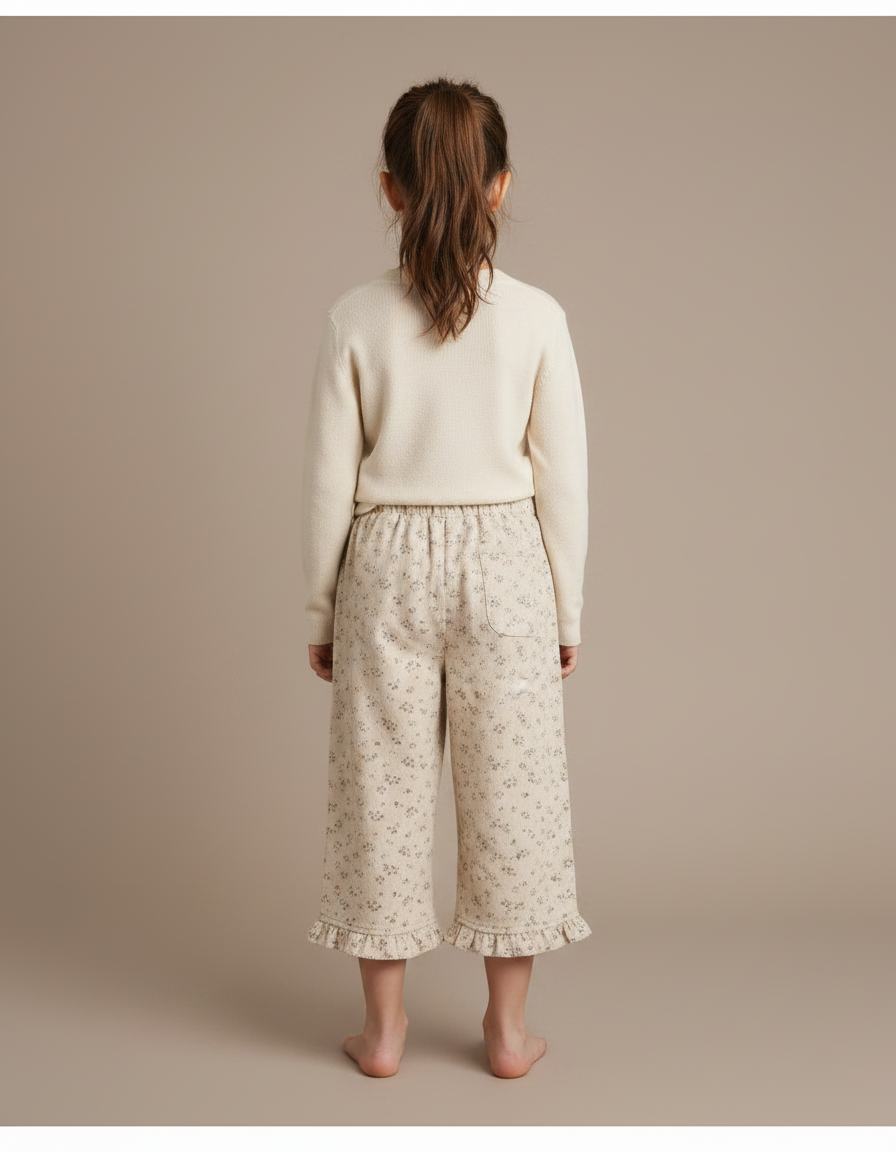 Pantalon Velours Beige Floral Ample Fille - vue 2