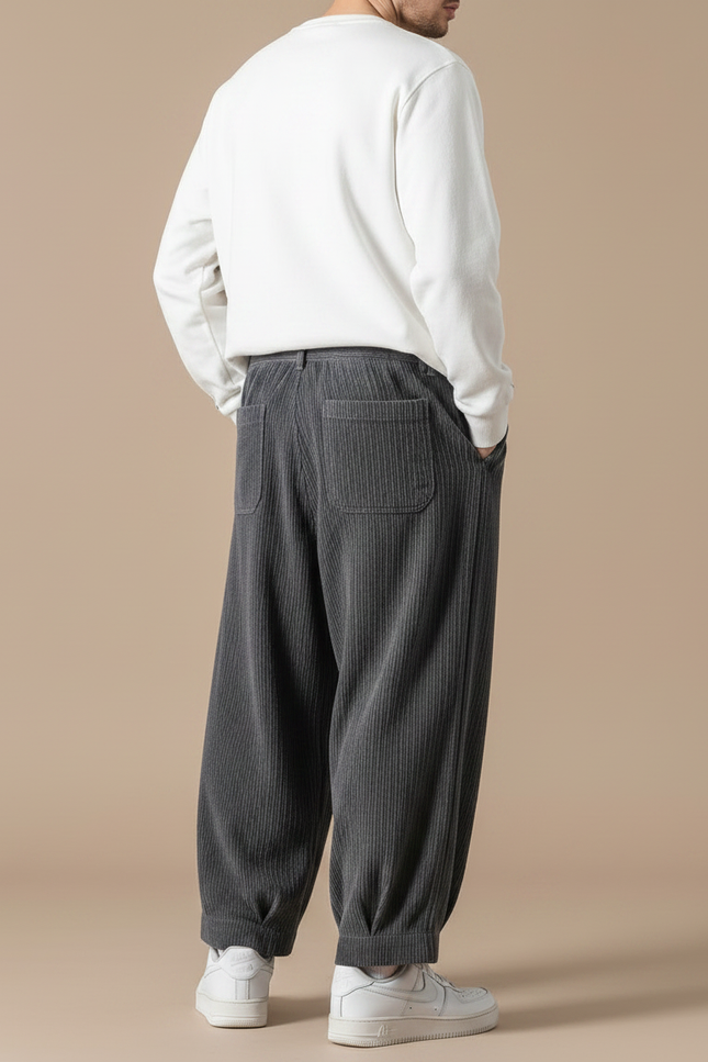 Pantalon Velours Gris Côtelé Ample Homme Décontracté - Cordé - vue 2