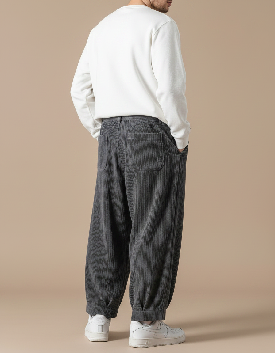 Pantalon Velours Gris Côtelé Ample Homme Décontracté - Cordé - vue 2