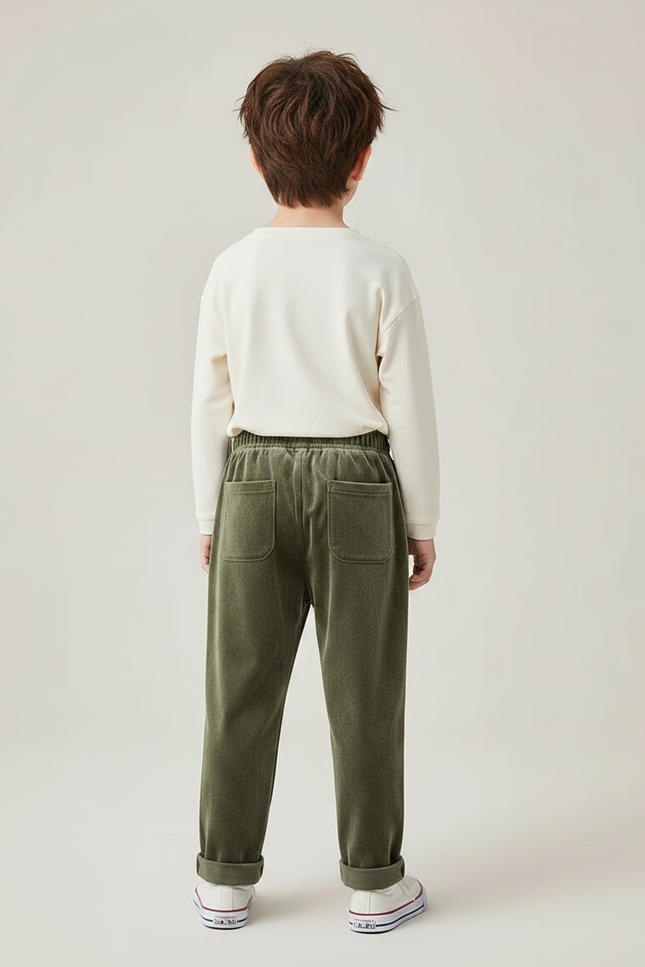 Pantalon Velours Vert Ample Élastique Confortable Garçon - Kaki - vue 2