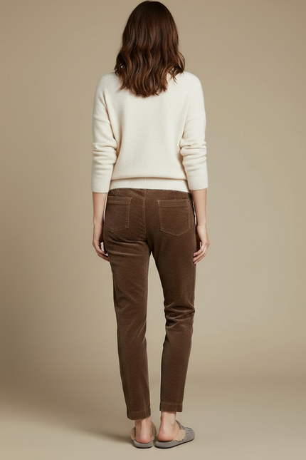 Pantalon Velours Côtelé Marron Femme Taille Haute - Cordé - vue 2