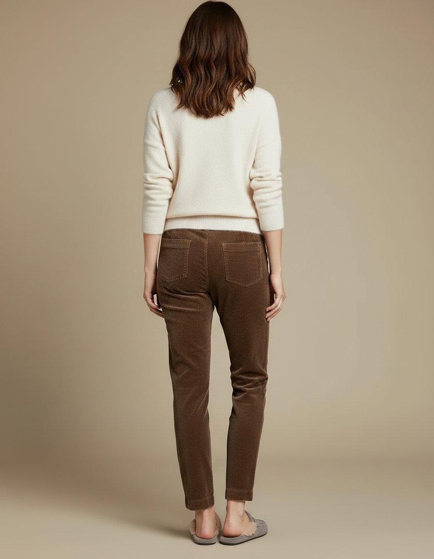 Pantalon Velours Côtelé Marron Femme Taille Haute - Cordé - vue 2