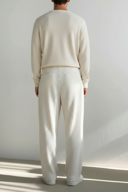 Pantalon Velours Crème Plissé Ample Décontracté Homme - Beige - vue 2