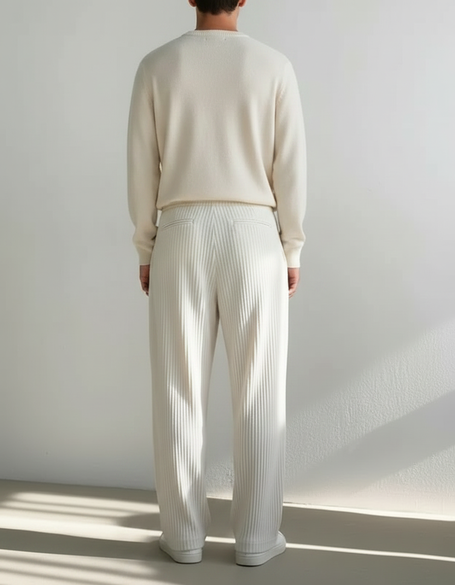 Pantalon Velours Crème Plissé Ample Décontracté Homme - Beige - vue 2