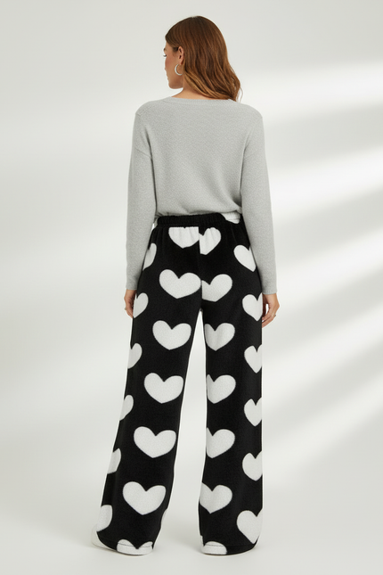 Pantalon Velours Noir Cœurs Blancs Ample Doux Femme - Imprimé - vue 2