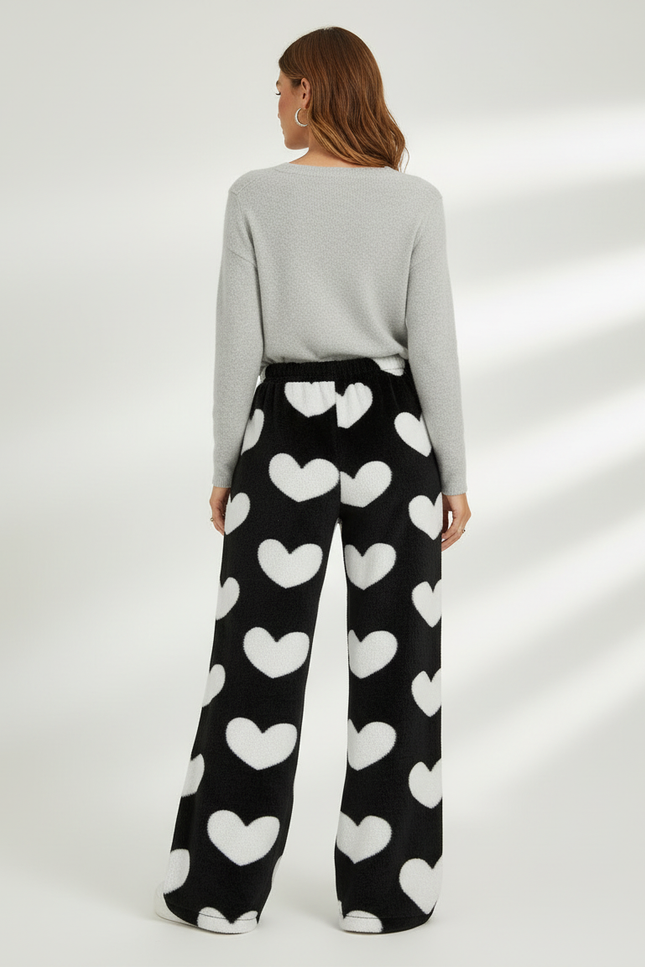 Pantalon Velours Noir Cœurs Blancs Ample Doux Femme - Imprimé - vue 2