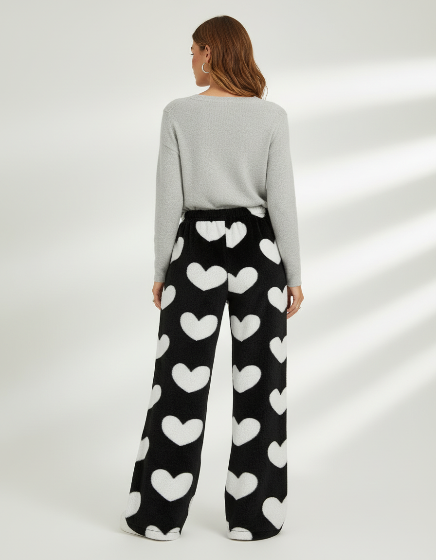 Pantalon Velours Noir Cœurs Blancs Ample Doux Femme - Imprimé - vue 2