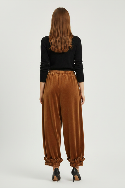 Pantalon Velours Marron Ample Fluide Volants Femme - Camel - vue 2