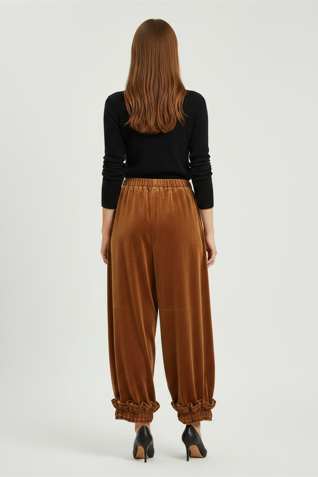 Pantalon Velours Marron Ample Fluide Volants Femme - Camel - vue 2