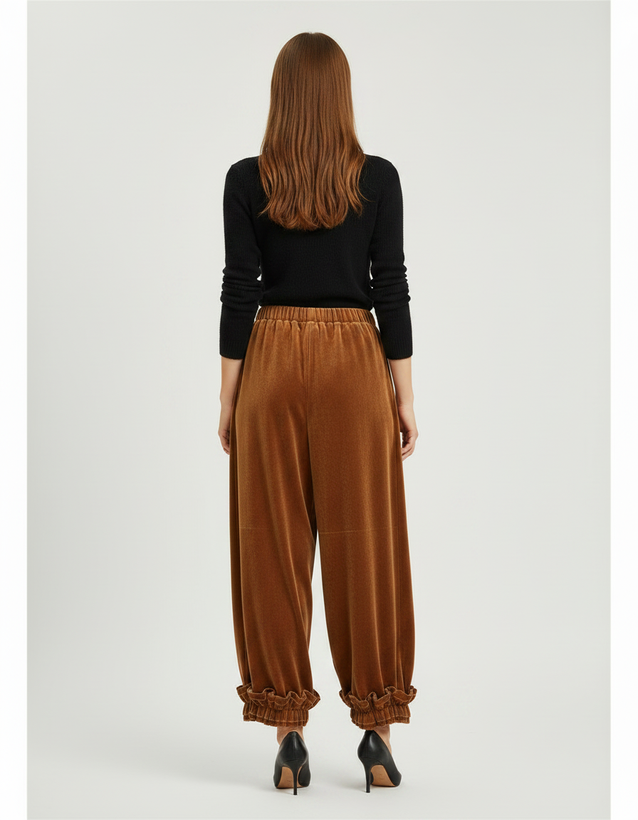 Pantalon Velours Marron Ample Fluide Volants Femme - Camel - vue 2