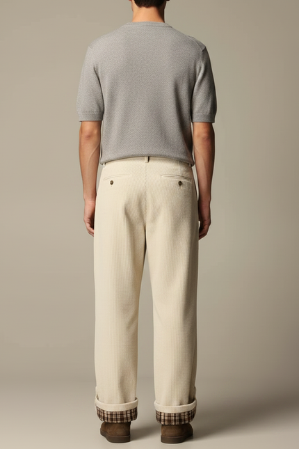 Pantalon Velours Beige Côtelé Ample Doublé Plaid Homme - vue 2