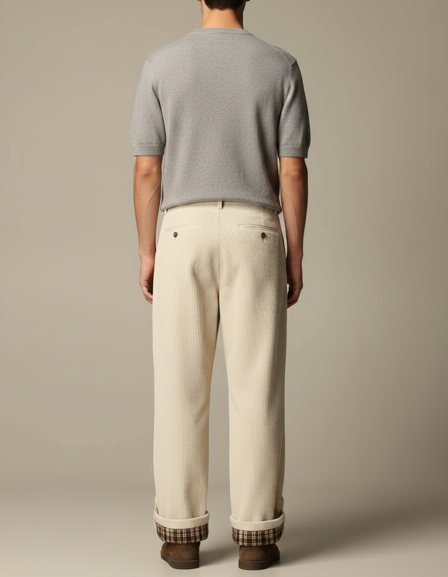 Pantalon Velours Beige Côtelé Ample Doublé Plaid Homme - vue 2