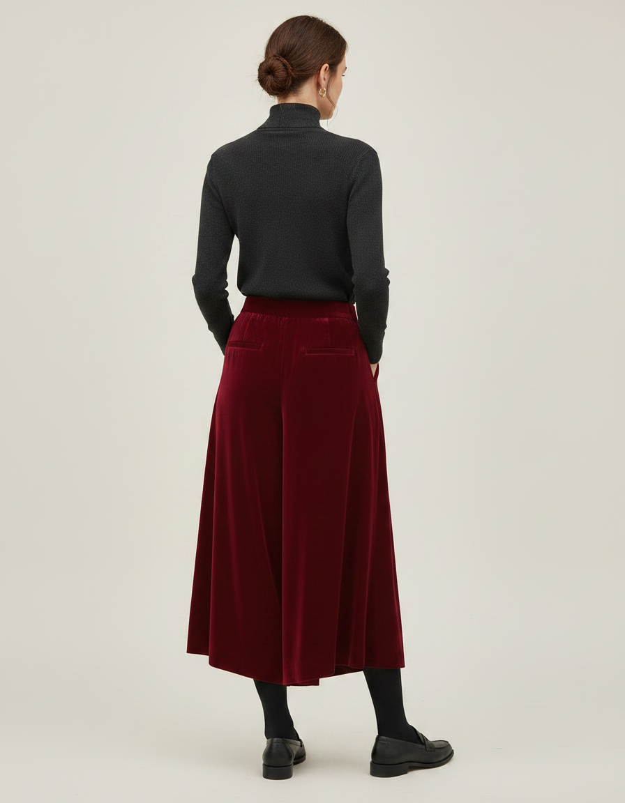 Pantalon Velours Bordeaux Ample Confortable Taille Haute - vue 2